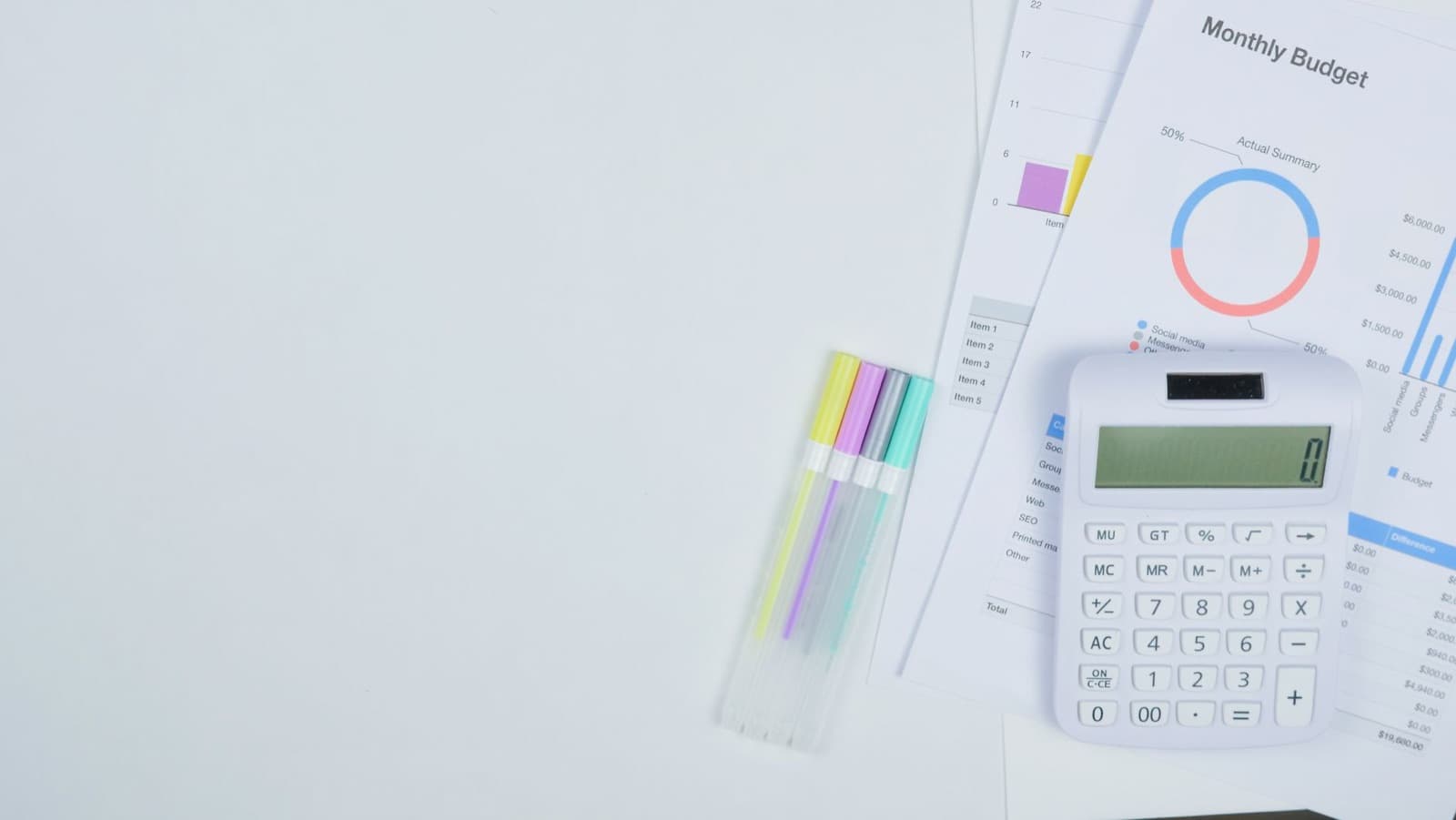 Calculator and budget planning documents on an office desk — estimating elevator modernization cost