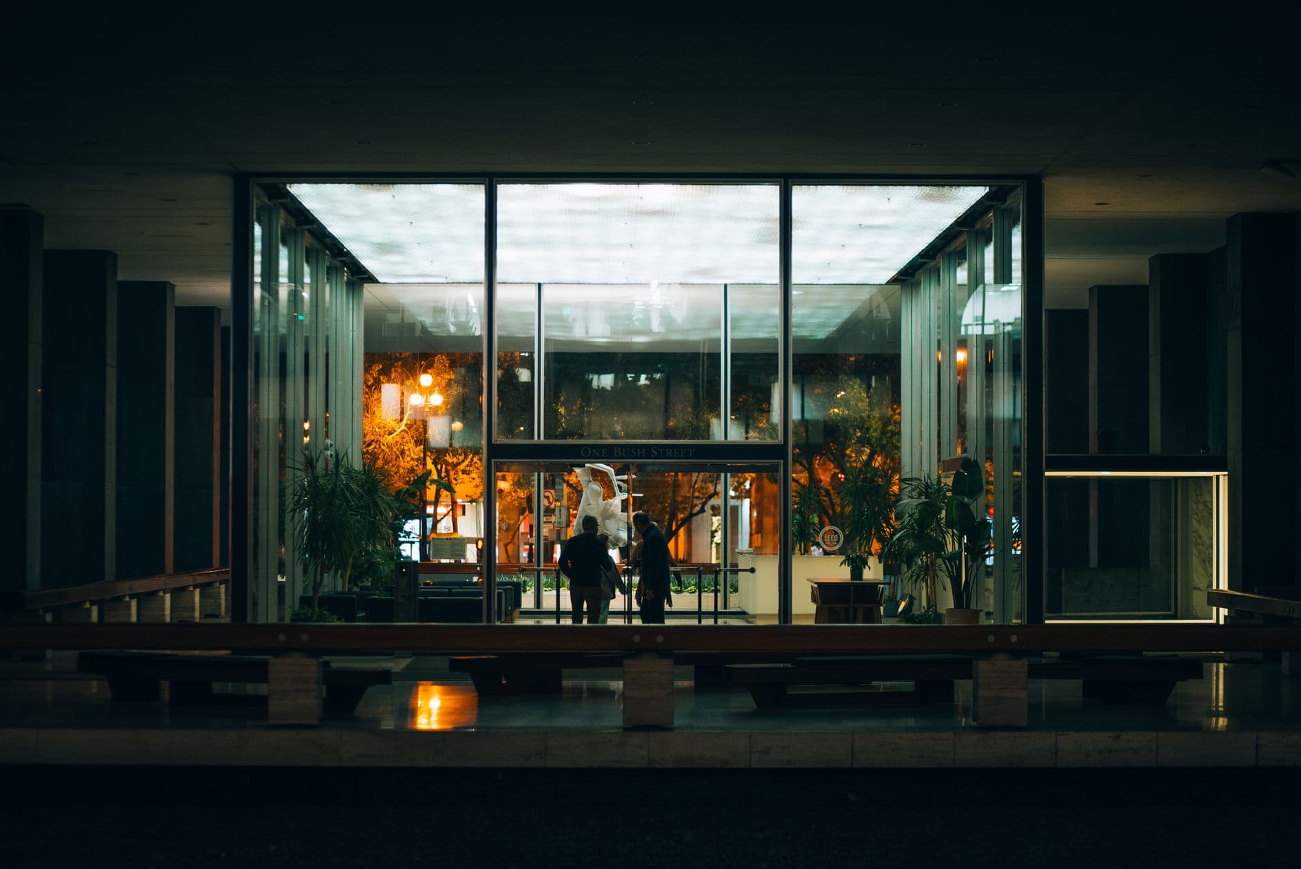 Elevator lobby in a downtown San Francisco office building with polished doors and call panel